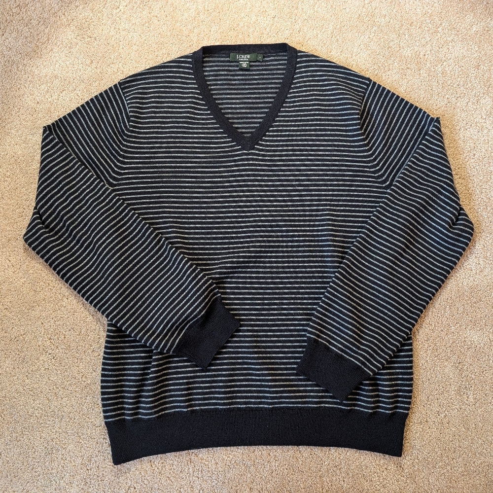 J Crew Navy Blue White Striped Italian Merino Wool V-neck Sweater